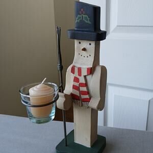 Handmade Vintage Wooden Snowman candle holder 13" tall made in Mexico votive